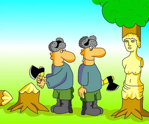 Карикатура про дрова. Мужик вырубил из дерева скульптуры, а другой просто бобёр на drovavam.ru